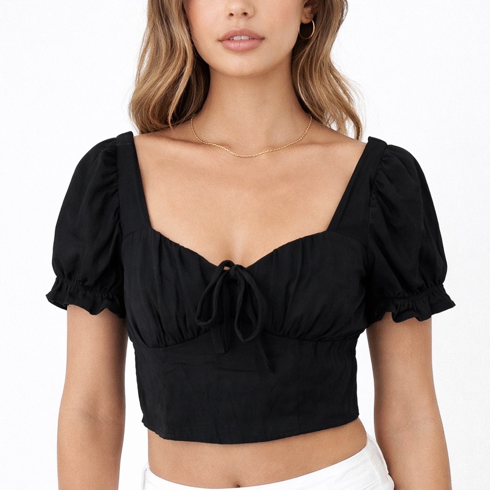 Haute Monde Black Puff Sleeve Crop Top Size Medium